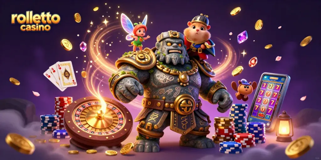 rolletto casino features an ancient stone golem, magical fairy, and knight in a dynamic gaming scene