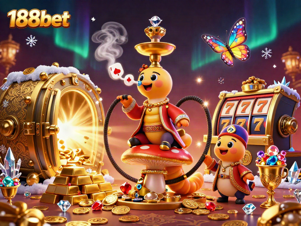 Play the exciting games at 188bet with a vibrant casino scene featuring golden treasures and poker symbols.
