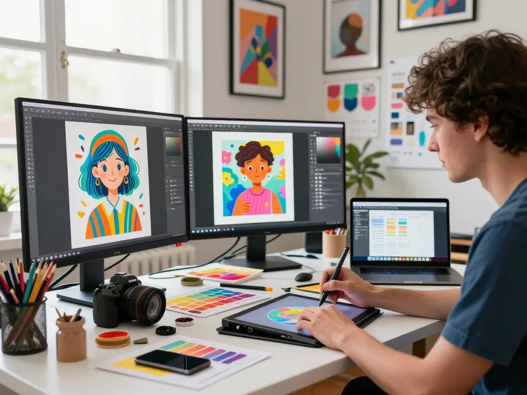 "Creative workspace with artist using nano banana AI image editor, vibrant artworks on display, inspirational atmosphere."