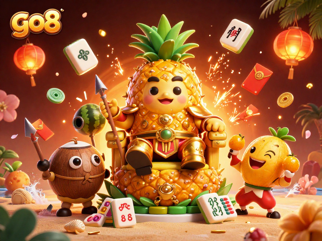 Join the fun at go8 as the golden pineapple king leads a vibrant casino scene with festive decorations.