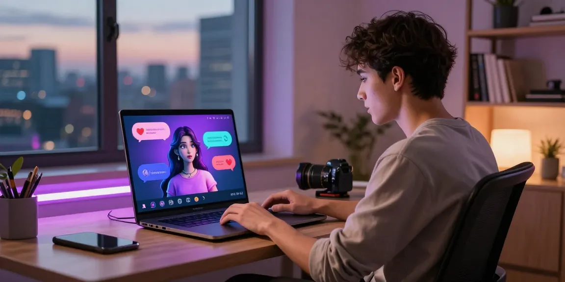 NSFW AI chat platform experience in a modern home office, showcasing user interaction with vibrant virtual character.