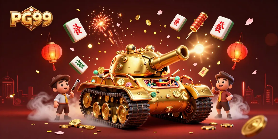 Engage in action at PG99's vibrant casino scene featuring a golden beetle tank and lively games.