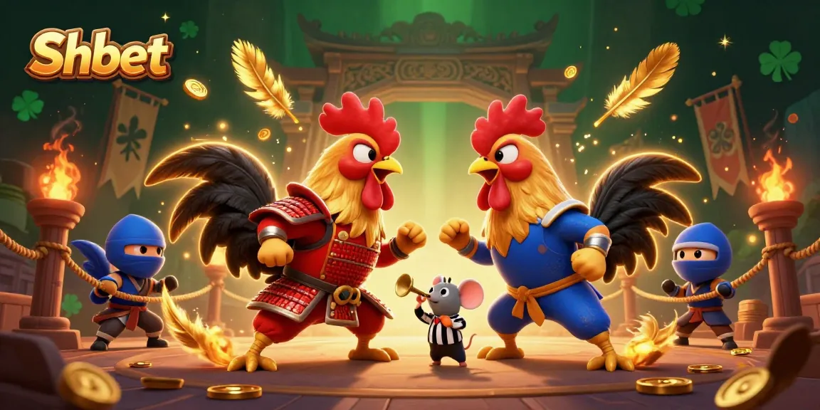 Engage in thrilling Shbet action with fighting roosters in a dynamic arena filled with golden feathers.
