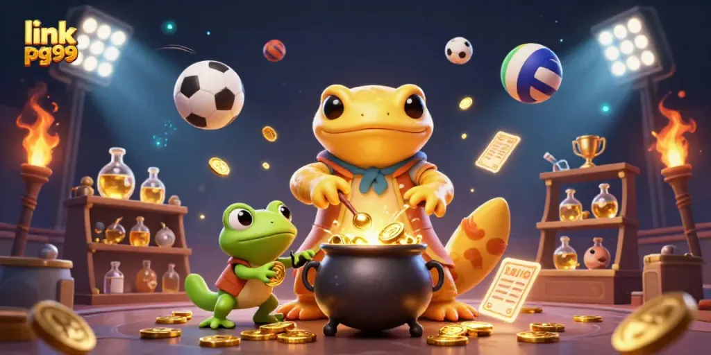 Experience the thrill of gaming with link pg99, featuring an alchemist amidst golden treasures and sports elements.
