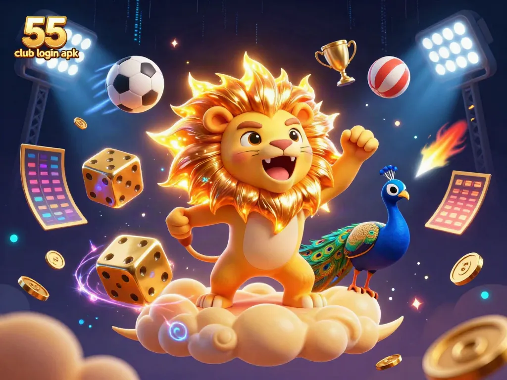 Experience exciting gaming with the 55 club login apk in this vibrant 3D illustration showcasing dynamic sports elements and rewards.