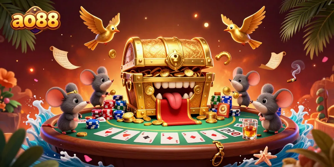 Experience the excitement of ao88 with vibrant gambling-themed illustration, showcasing poker elements and adventure.