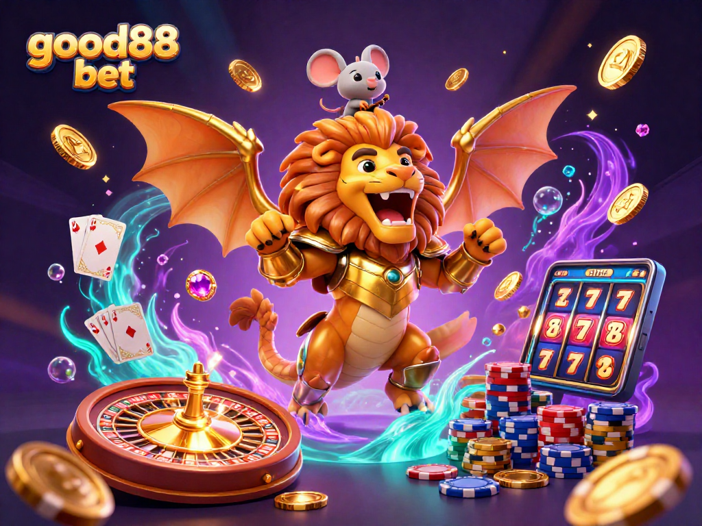 Experience thrilling action at good88 bet with a golden chimera, coins, and exciting gaming elements!