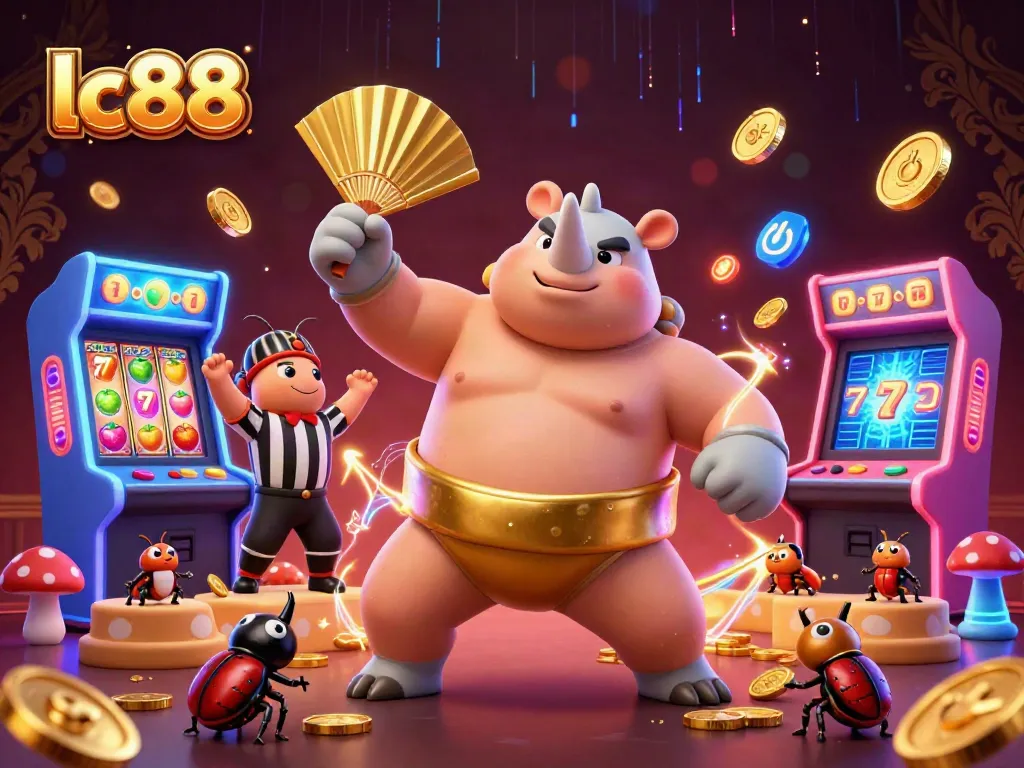 Experience thrilling gameplay with lc88, featuring a vibrant casino scene of a sumo champion stomping coins.