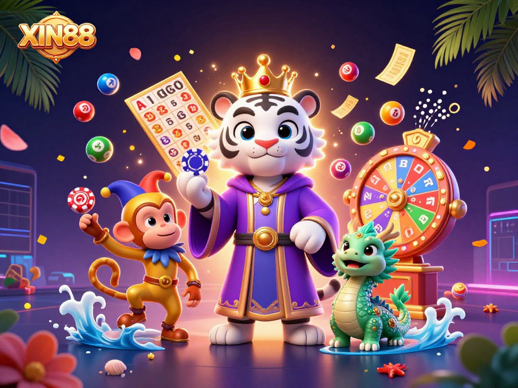 XIN88 engages players with vibrant lottery balls and a magical scene featuring a royal tiger and jester monkey.