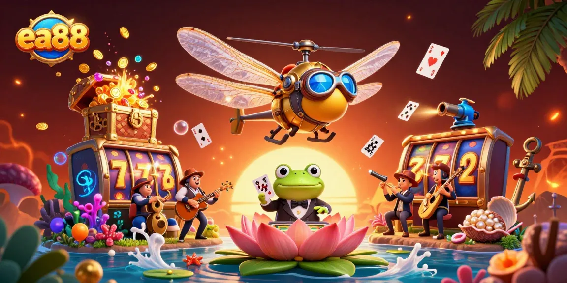 Experience the thrill of ea88 casino games with a vibrant dragonfly pilot and lively frog croupier.