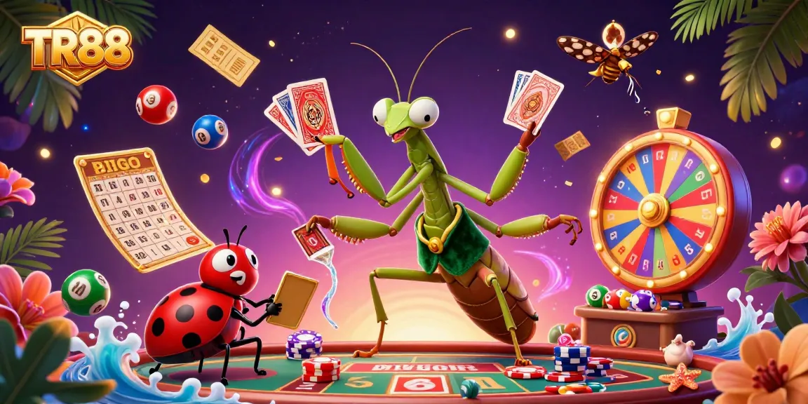 Experience winning thrills at TR88 with vibrant lottery balls and energetic casino characters.