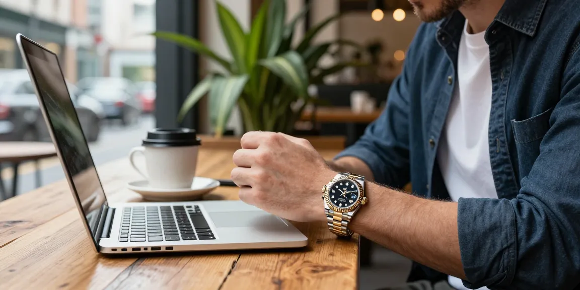 Admiring rolex super clone watches in a chic café setting, showcasing luxury details.